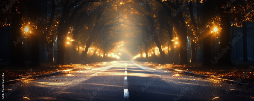 Asphalt road in the green forest with sunbeams and lens flare Stock ...