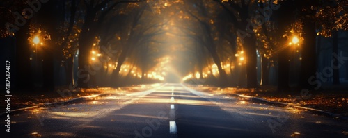 Asphalt road in the green forest with sunbeams and lens flare