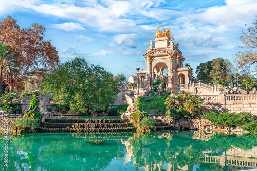 Photography Cascade Fountain or Waterfall in the Ciutadella Park in Barcelona on a sunny autumn day, Spain