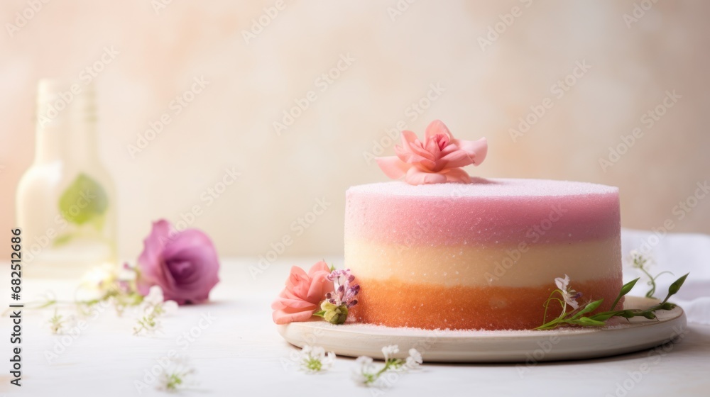 a cake sitting on top of a white table next to a bottle of wine and a pink and orange frosted cake with pink flowers on top of the cake.