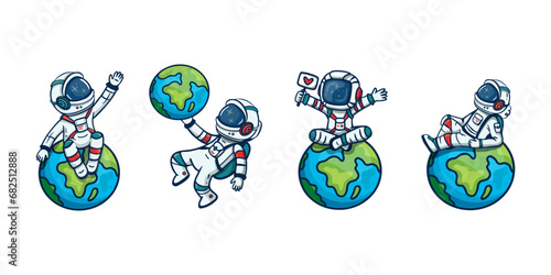 set of cartoon astronauts and Earth isolated on white background. Doodle for book, magazins, cards. Icon. Flat Style. Vector  Illustration