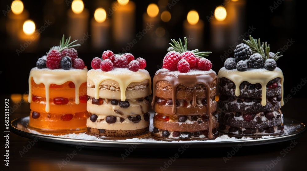  a group of cakes sitting on top of a plate covered in frosting and raspberries on top of each of the cakes are covered in icing and topped with berries.