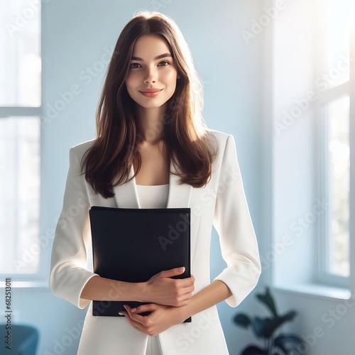 in a white nurse's suit, standing with a black folder in her hands, with a nice smile. In the background light and cozy interior of the office