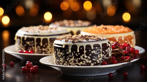  a close up of a cake on a plate with cranberries on the side and a cake on a plate with cranberries and a candle in the background.