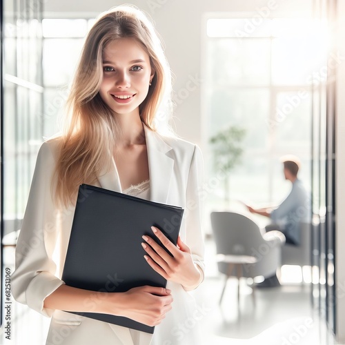 in a white nurse's suit, standing with a black folder in her hands, with a nice smile. In the background light and cozy interior of the office