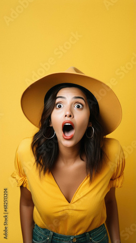 Surprised young african woman looking at camera with opened mouth isolated on yellow.