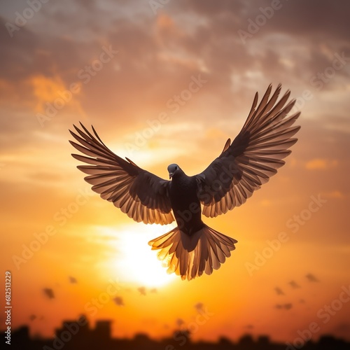 Silhouette pigeon return coming to hands in air vibrant sunlight sunset sunrise background. Freedom making merit concept. National day of peace. - Generative AI © Marietimo