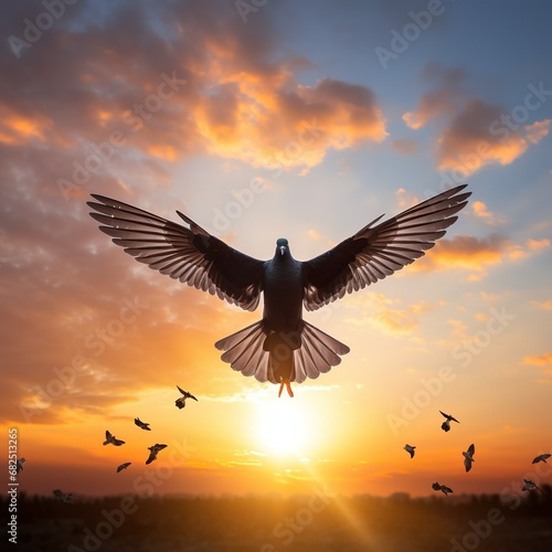 Silhouette pigeon return coming to hands in air vibrant sunlight sunset sunrise background. Freedom making merit concept. National day of peace. - Generative AI