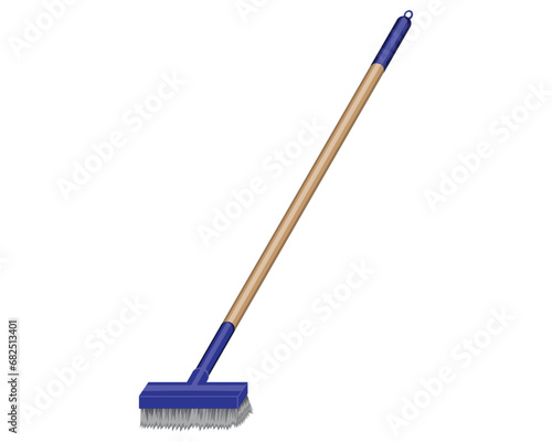 vector design of a bristle brush that has a long brown wooden handle and blue at the end which is usually used as a cleaner indoors and outdoors
