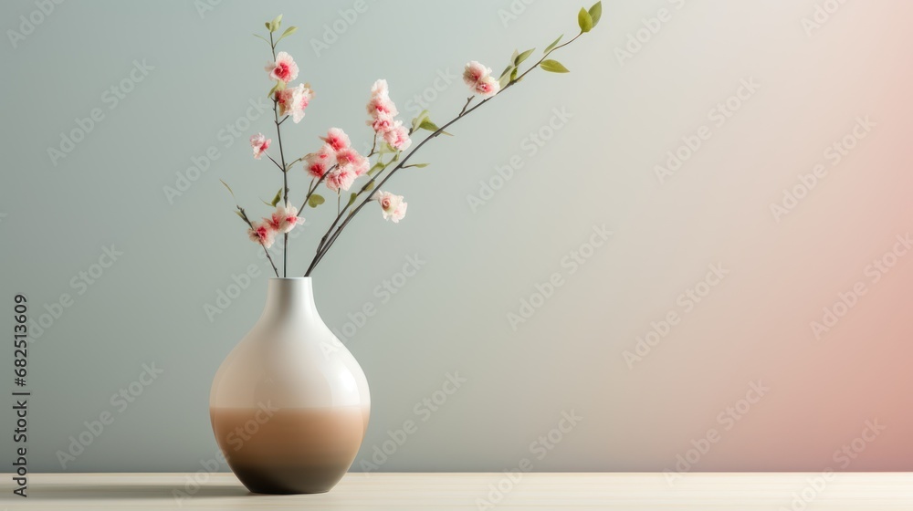  a white vase filled with pink flowers on top of a wooden table in front of a blue and pink wall and a light pink and gray wall behind the vase.