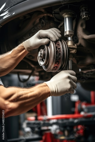 A 50yo an auto mechanic is checking the suspension of the car photo