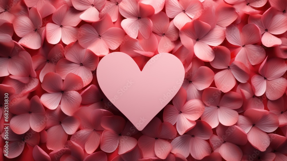  a pink heart surrounded by pink flowers in the shape of a heart on a pink background with lots of pink petals in the shape of a heart on the left side.