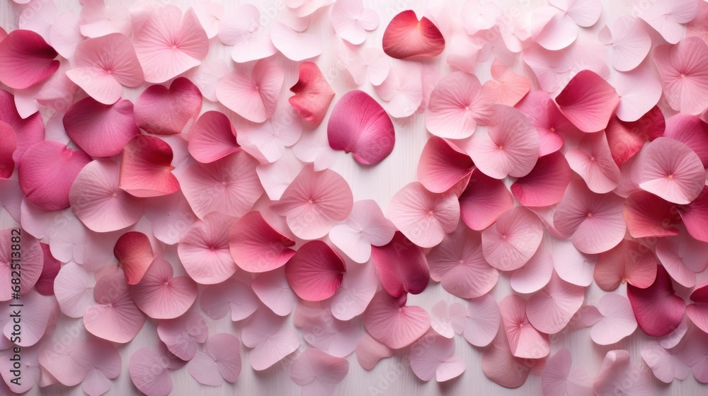  a bunch of pink flowers that are on a white wall with pink petals on the side of the wall and pink petals on the side of the wall and pink petals on the side of the wall.