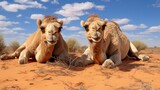 A pair of desert camels resting under the scorching sun, seeking shade.