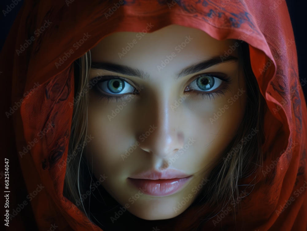 Portrait of a beautiful young muslim woman with blue eyes and red veil