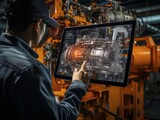 Male engineer holding a computer tablet Design an engine in an Augmented Reality app