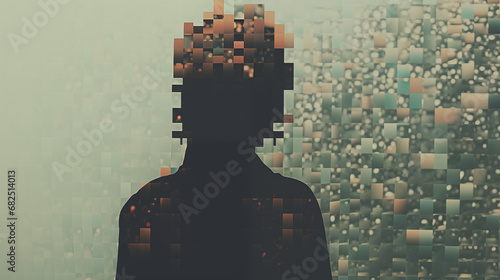 Silhouette of Man Dissolving into Digital Pixels