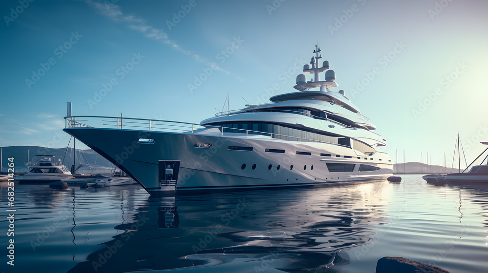 Luxury yacht front perspective anchored in harbor