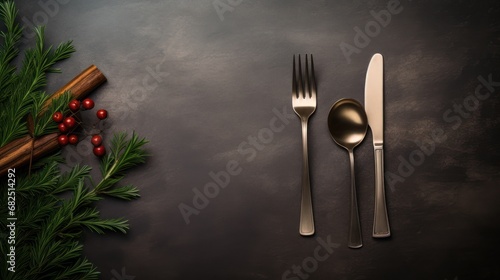  a knife, fork and spoon sitting on top of a table next to a sprig of holly and a knife and fork on a black surface with red berries.