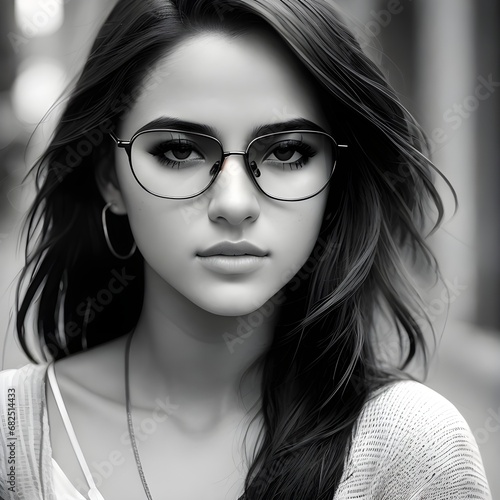 Attractive mysterious Latin American teenager. Black and white portrait. The image was created using generative AI.