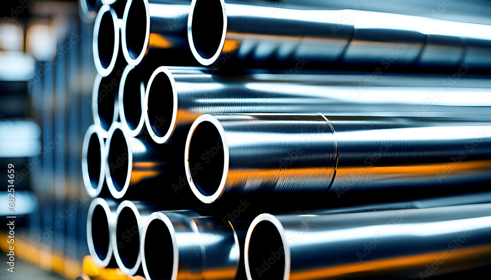 Close-ups of stored industrially manufactured metal steel pipes after production - illustration Close-ups of stored industrially manufactured metal steel pipes after production - illustration
