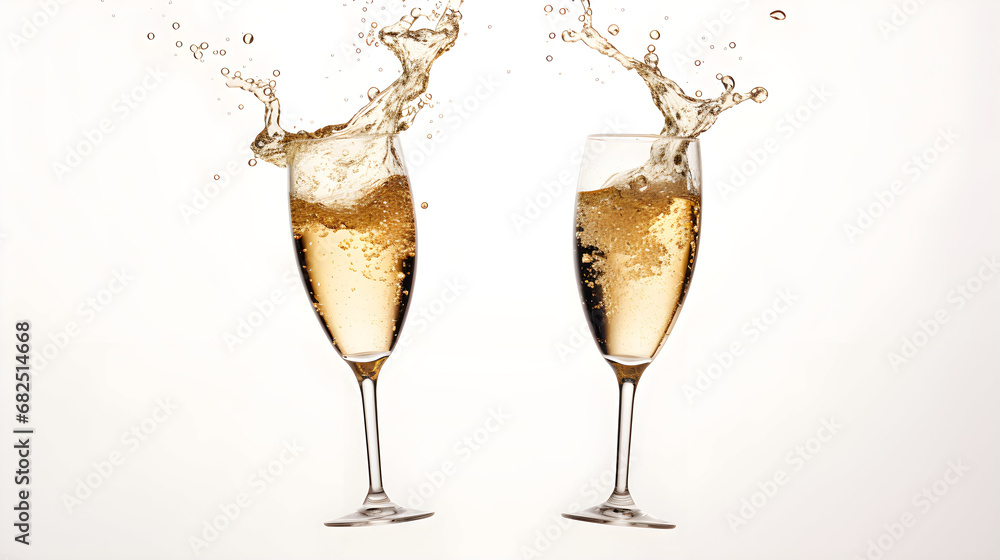 Two touched glasses with Champagne, splashes in different directions, isolated on white background Two touched glasses with Champagne, splashes in different directions, isolated on white background