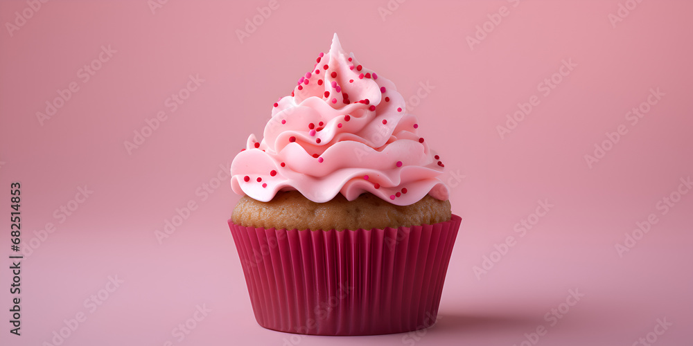 Delicious vanilla cupcake with pink frosting and sprinkles on top, pink background with copy space Delicious vanilla cupcake with pink frosting and sprinkles on top, pink background with copy space