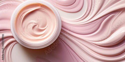 the texture of a pink cosmetic cream for face or body in an open plastic jar, top view