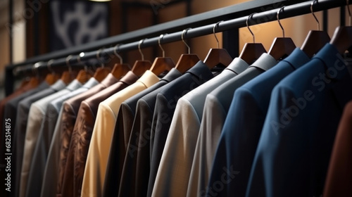 Assorted elegant jackets on hangers in a fashion store, showcasing a variety of styles and colors. photo