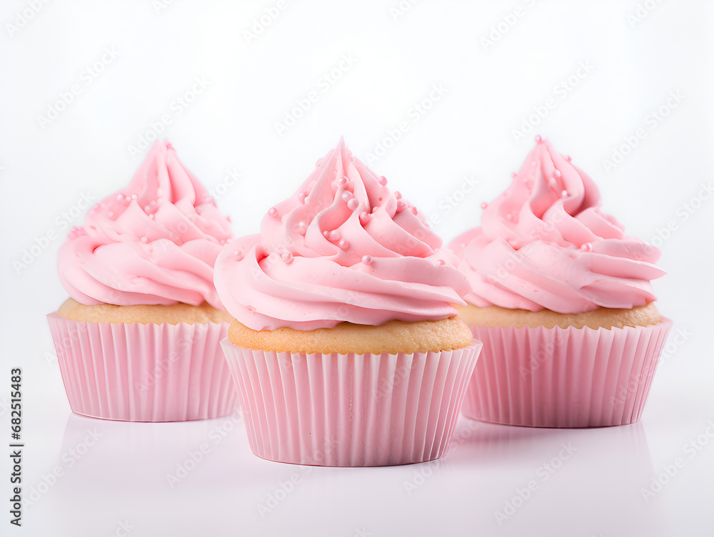 Delicious vanilla cupcakes with pink frosting on top, white marble table with blurry bright background