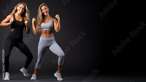 Two attractive young women smiling while working out in fitness class, isolated on black, copy space, banner, 16:9