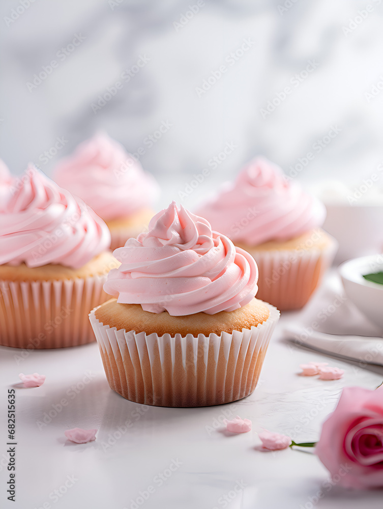 Delicious vanilla cupcakes with pink frosting on top, white marble table with blurry bright background Delicious vanilla cupcakes with pink frosting on top, white marble table with blurry bright background