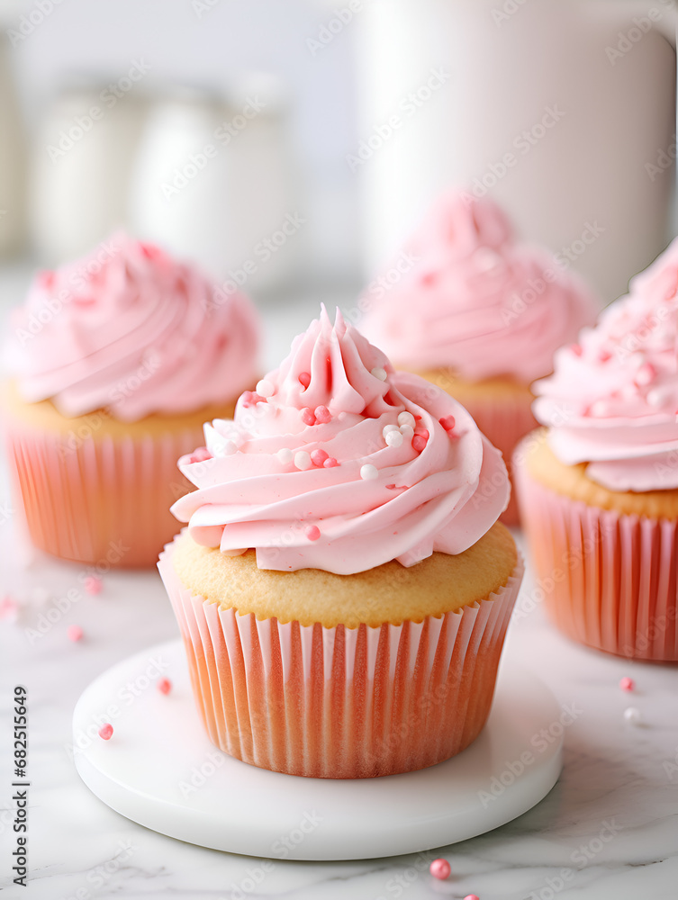 Delicious vanilla cupcakes with pink frosting on top, white marble table with blurry bright background