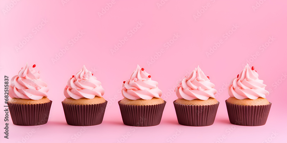 Delicious vanilla cupcakes with pink frosting and sprinkles on top, pink background Delicious vanilla cupcakes with pink frosting and sprinkles on top, pink background