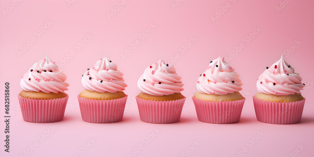 Delicious vanilla cupcakes with pink frosting and sprinkles on top, pink background
