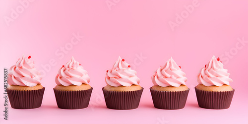 Delicious vanilla cupcakes with pink frosting and sprinkles on top  pink background