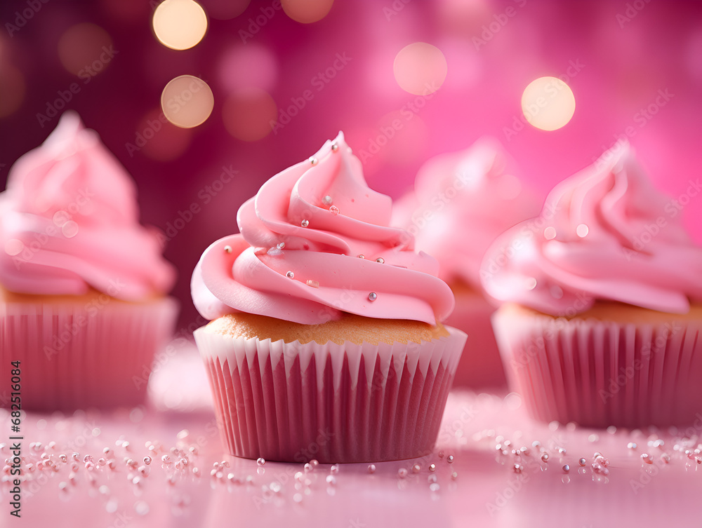 Vanilla cupcake with pink frosting and sprinkles on top, blurry lights background with copy space 