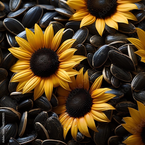 a group of sunflowers on a pile of seeds