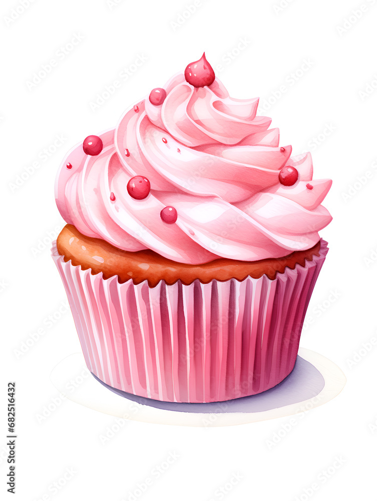 Watercolor illustration of a cupcake with pink frosting on top, isolated on white background Watercolor illustration of a cupcake with pink frosting on top, isolated on white background