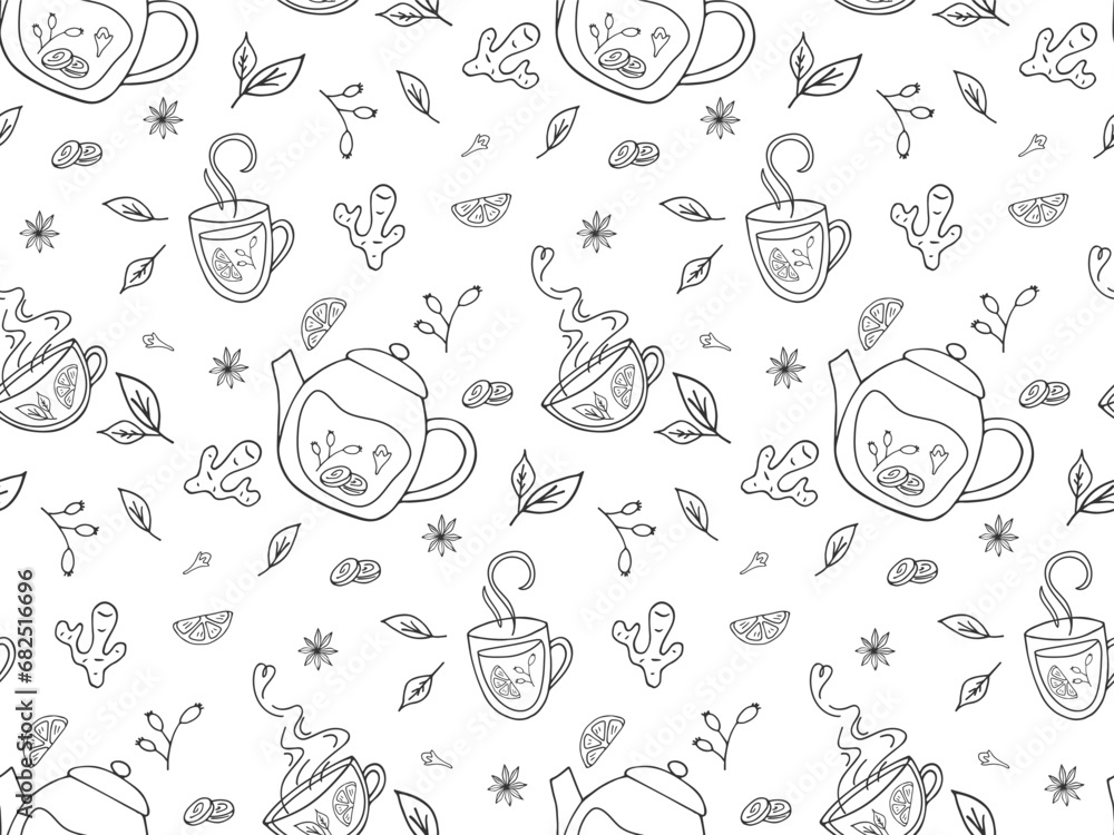 Obraz premium Seamless pattern with herbal tea. Line drawn sketch of cup, teapot, leaves, lemon, ginger. Healthy natural hot seasonal drink. Cozy doodle beverage background
