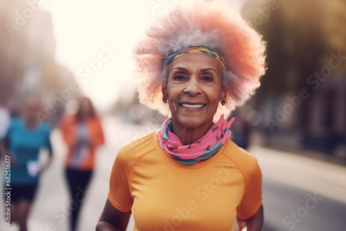 Afro-american woman running marathon. Generative AI