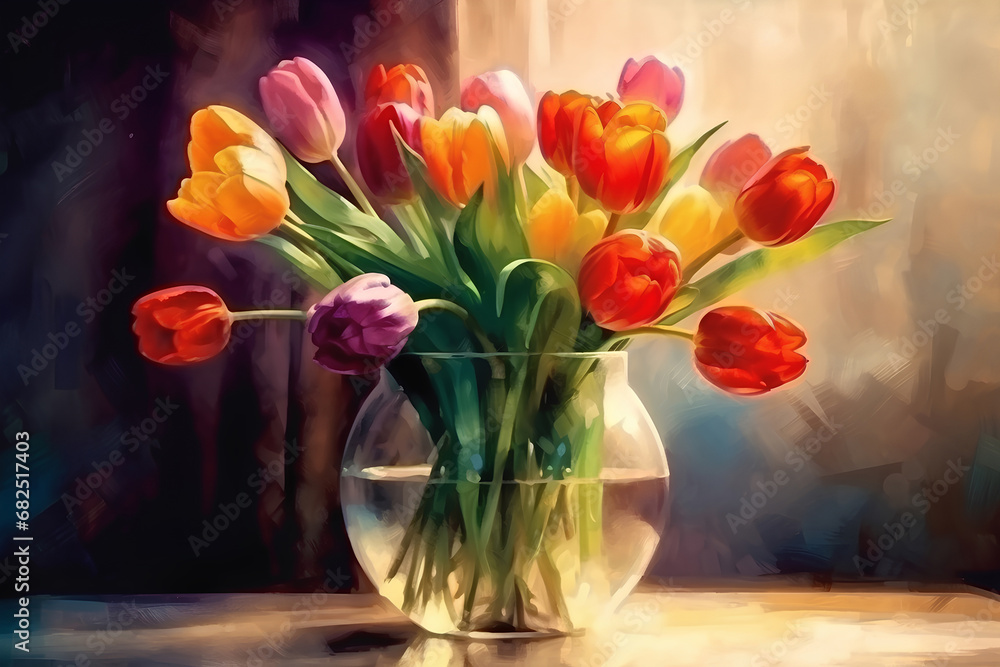Fototapeta premium Bouquet of tulips in a glass vase on a wooden table, still life, watercolor painting