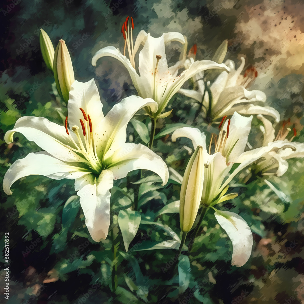 Fototapeta premium Flowering white lily in the summer garden, watercolor painting.