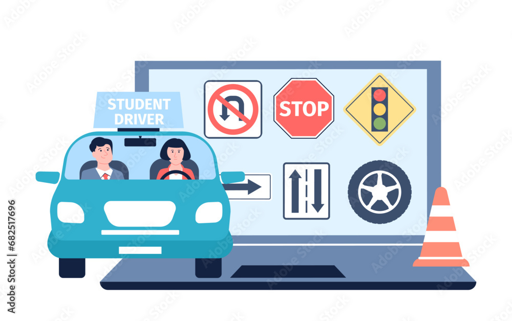 Online driving school. Future driver and instructor in car, rules and road signs on computer screen. Traffic rule, prepare to exam for license recent vector scene Online driving school. Future driver and instructor in car, rules and road signs on computer screen. Traffic rule, prepare to exam for license recent vector scene
