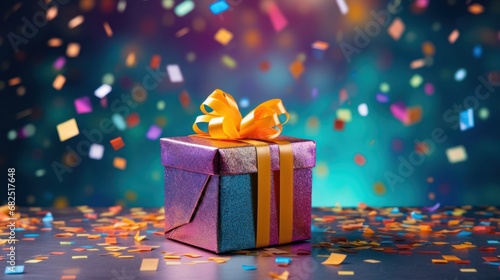  a purple gift box with a yellow bow sitting on a table surrounded by confetti and streamers of colorful confetti on a blue and purple background.