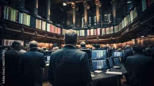 The trading hall of the stock exchange is crowded with traders and investors, paying attention to the dynamics of the stock market. photo