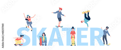 Active skaters characters concept. Teenagers on skateboarding  sport training or seasonal outdoor recreation. Young make tricks  recent vector concept