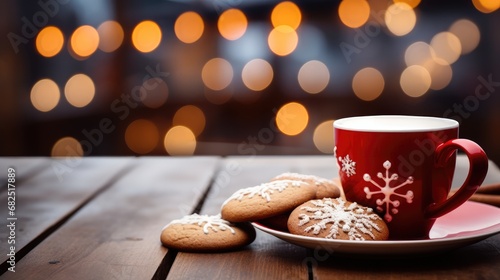 Red cup of hot drink and Christmas cookies on a wooden table on a blurred background of a Christmas market.