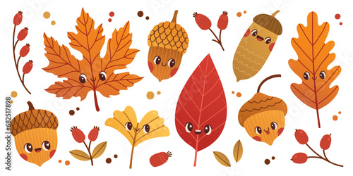 Cute cartoon leaves and acorns vector illustration. Oak, acorn, tree leaves. Nature print in Scandinavian style