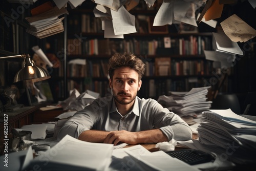Stressed business owner in workplace, Paper and other stuff with multiple sources of communications coming in, miscommunication, Entangled, Cluttered. photo